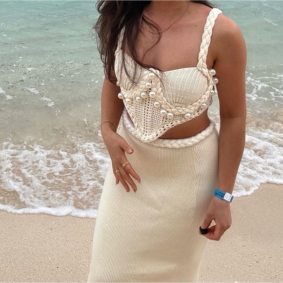 Other - Cream Knit Two-Piece Set with Pearl Details